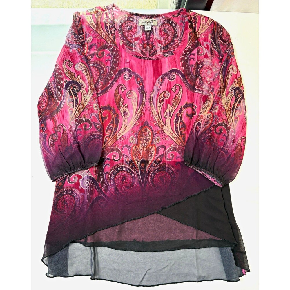 One World Pink/Purple/Black Paisley Chiffon Sheer Layered Scoop Neck Blouse XS